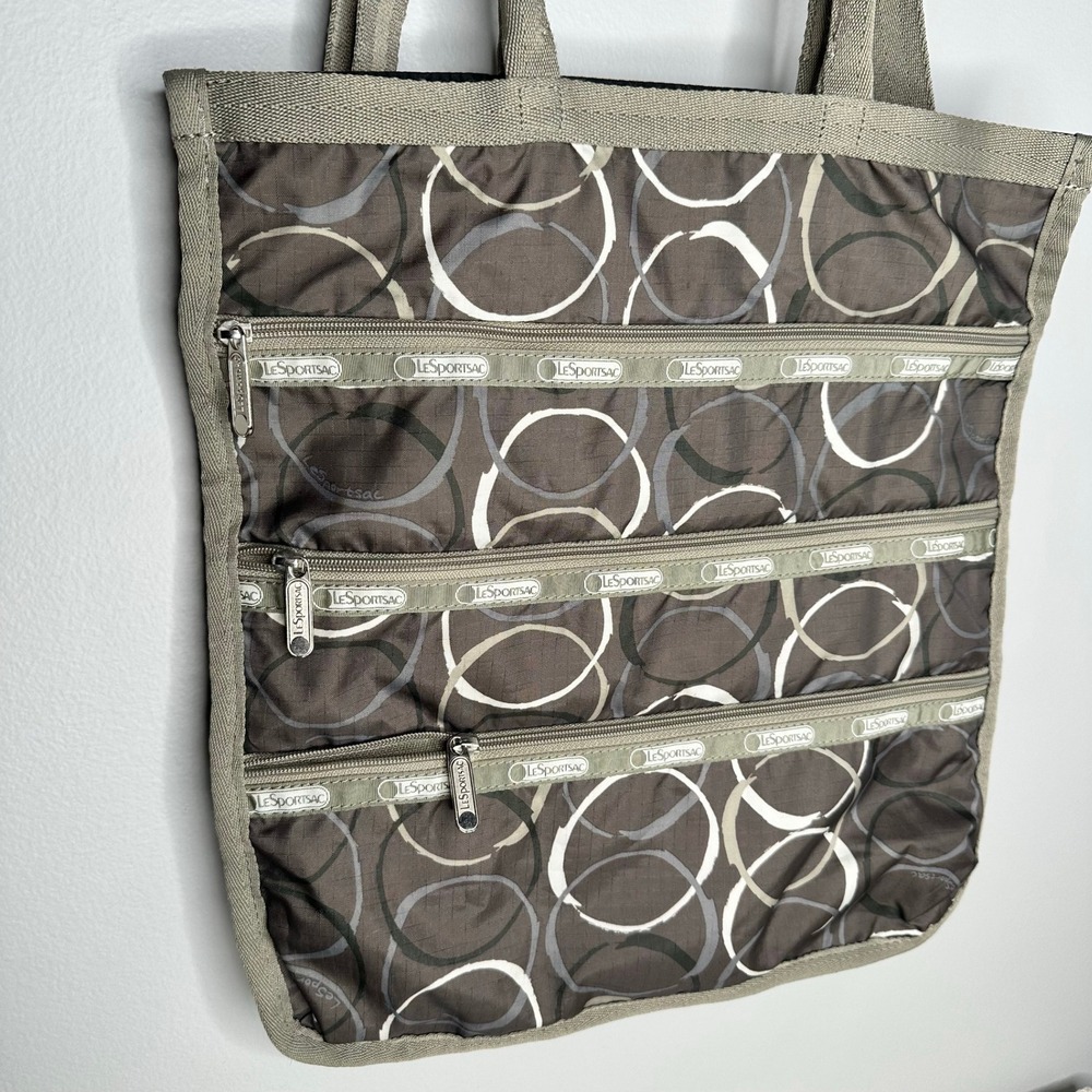 Le Sportsac Foldover Tote Crossbody Circles Large Bag Neutral - Picture 2 of 13